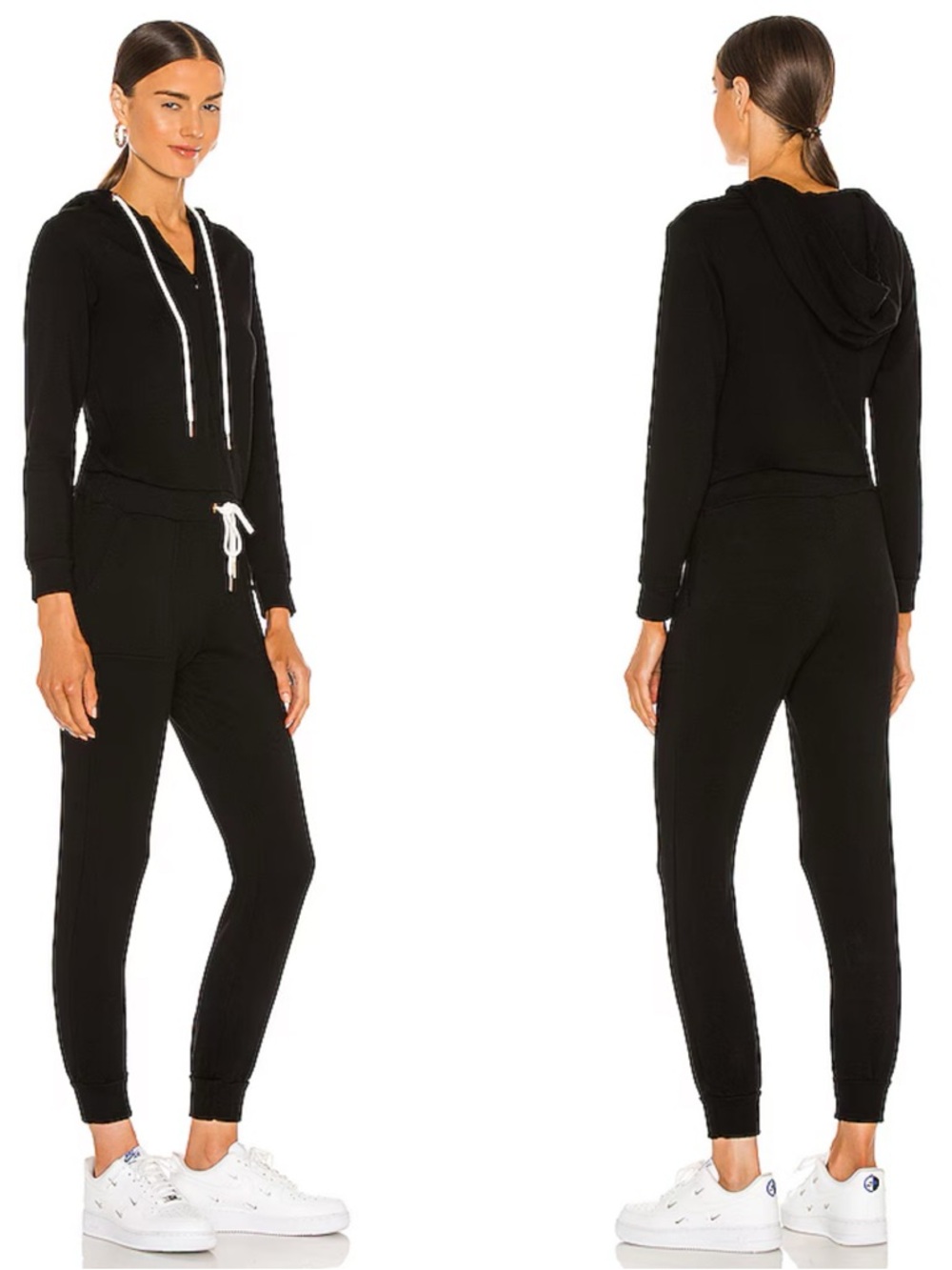 Monrow Supersoft Fleece Hooded Jumpsuit XS Black Long Sleeve Tapered Vneck